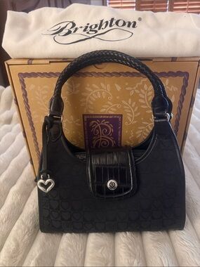 Brighton Black Heart Jacquard Shoulder Bag with Croc Flap and braided handles
